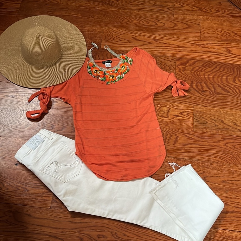 Venus Orange Cold Shoulder Tie Scoop Neck Lightweight Knit Top Size S